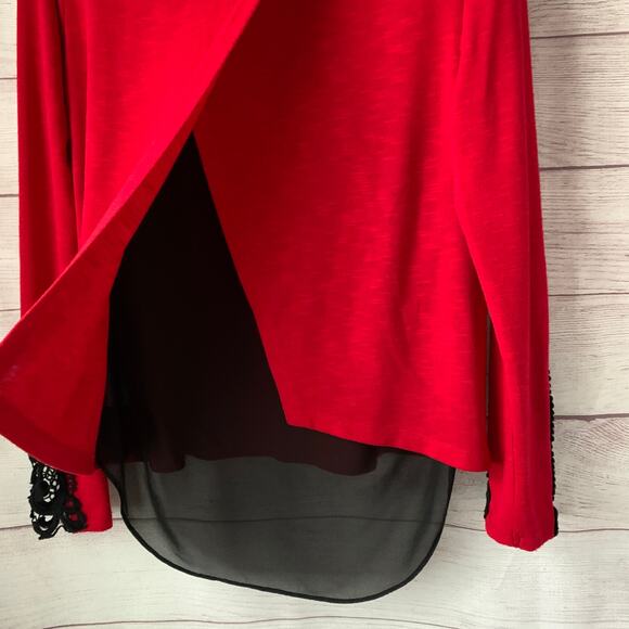 A. Byer Red and Black Blouse Split Back High Low Hem Lace Sleeve Size L - Picture 7 of 16